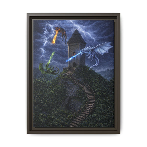 Dragon Tower Battle | Framed Fantasy Canvas Wall Art