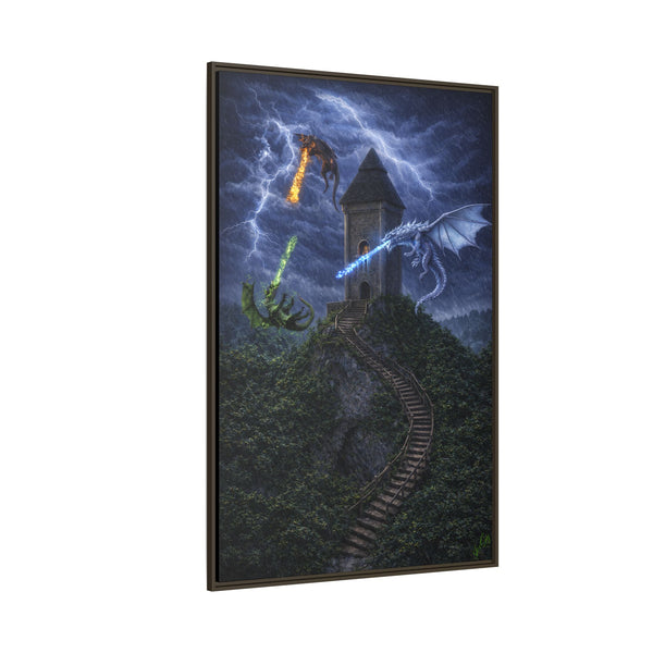 Dragon Tower Battle | Framed Fantasy Canvas Wall Art