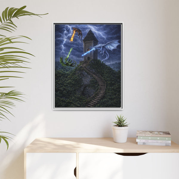 Dragon Tower Battle | Framed Fantasy Canvas Wall Art