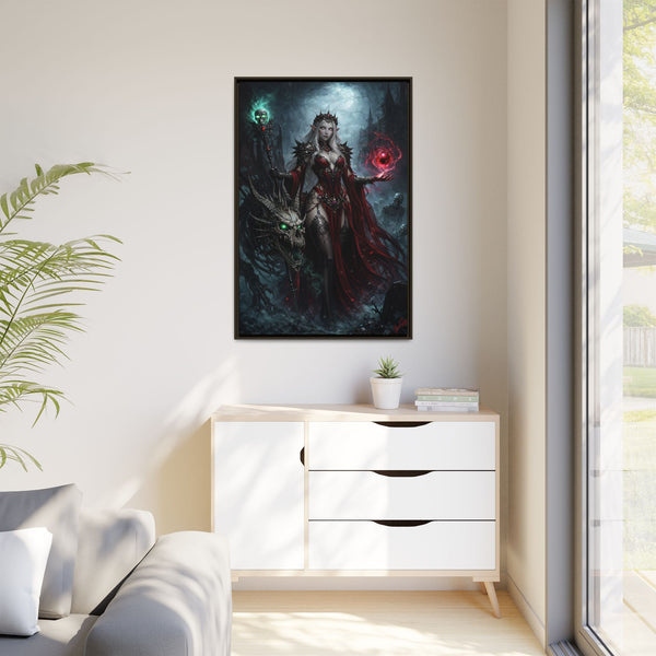 Necromancer in Red with Young Undead Dragon - Framed Canvas  Fantasy Wall Art