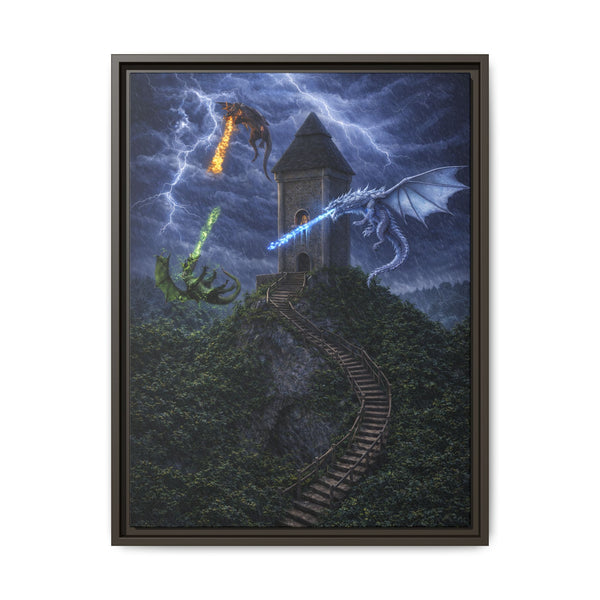Dragon Tower Battle | Framed Fantasy Canvas Wall Art