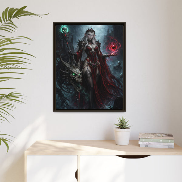 Necromancer in Red with Young Undead Dragon - Framed Canvas  Fantasy Wall Art