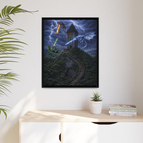 Dragon Tower Battle | Framed Fantasy Canvas Wall Art