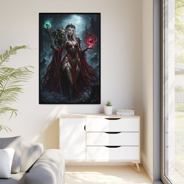 Necromancer in Red with Hatchling Undead Dragon - Framed Canvas  Fantasy Wall Art