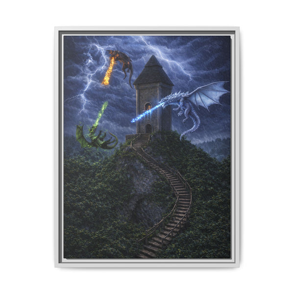Dragon Tower Battle | Framed Fantasy Canvas Wall Art
