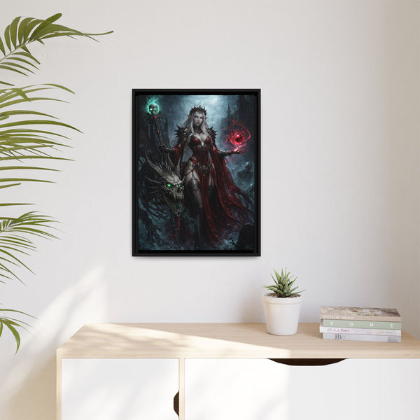 Necromancer in Red with Young Undead Dragon - Framed Canvas  Fantasy Wall Art