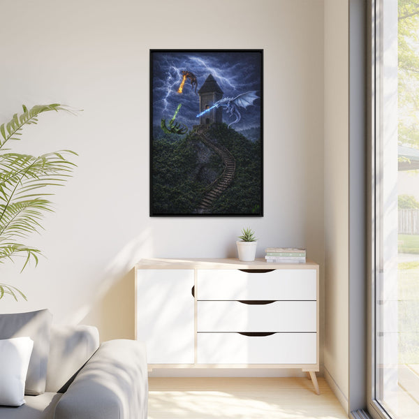 Dragon Tower Battle | Framed Fantasy Canvas Wall Art