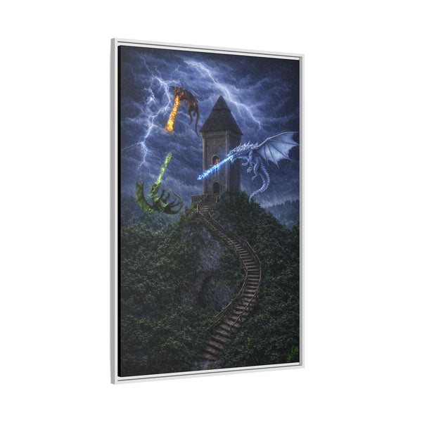 Dragon Tower Battle | Framed Fantasy Canvas Wall Art