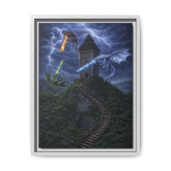 Dragon Tower Battle | Framed Fantasy Canvas Wall Art