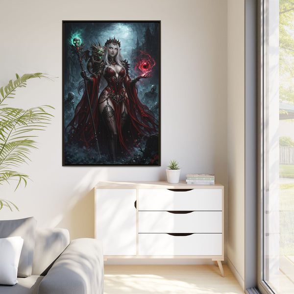 Necromancer in Red with Hatchling Undead Dragon - Framed Canvas  Fantasy Wall Art
