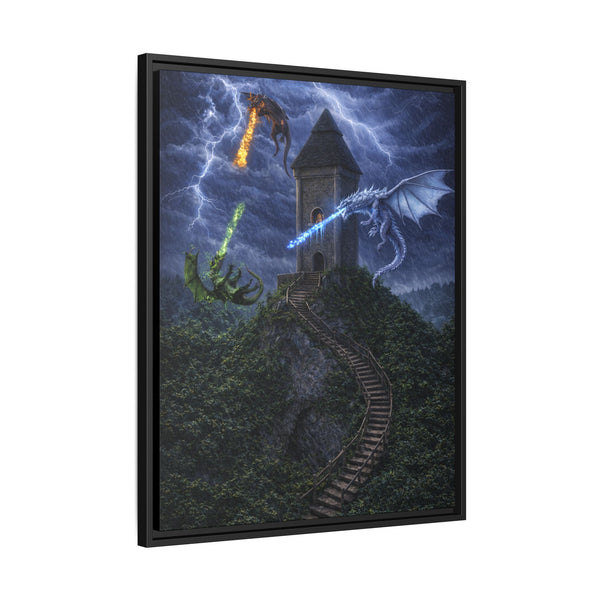 Dragon Tower Battle | Framed Fantasy Canvas Wall Art