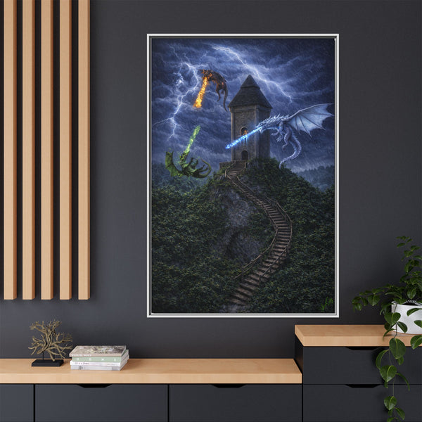 Dragon Tower Battle | Framed Fantasy Canvas Wall Art
