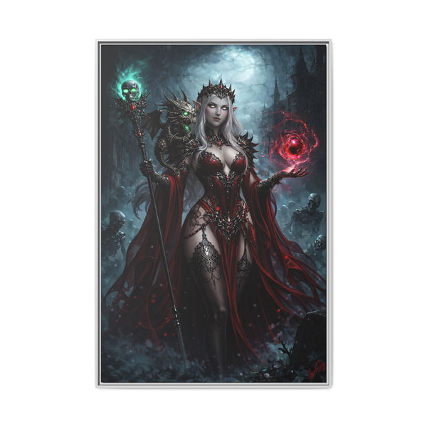 Necromancer in Red with Hatchling Undead Dragon - Framed Canvas  Fantasy Wall Art
