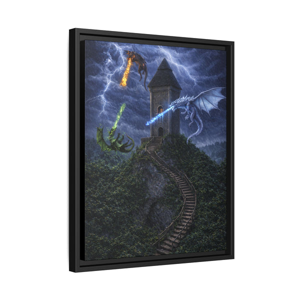 Dragon Tower Battle | Framed Fantasy Canvas Wall Art