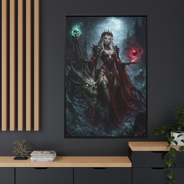 Necromancer in Red with Young Undead Dragon - Framed Canvas  Fantasy Wall Art