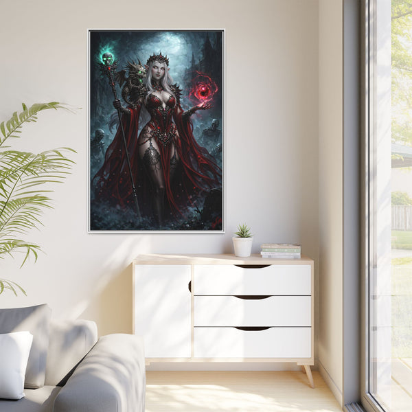 Necromancer in Red with Hatchling Undead Dragon - Framed Canvas  Fantasy Wall Art