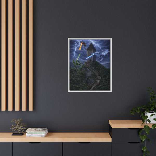Dragon Tower Battle | Framed Fantasy Canvas Wall Art
