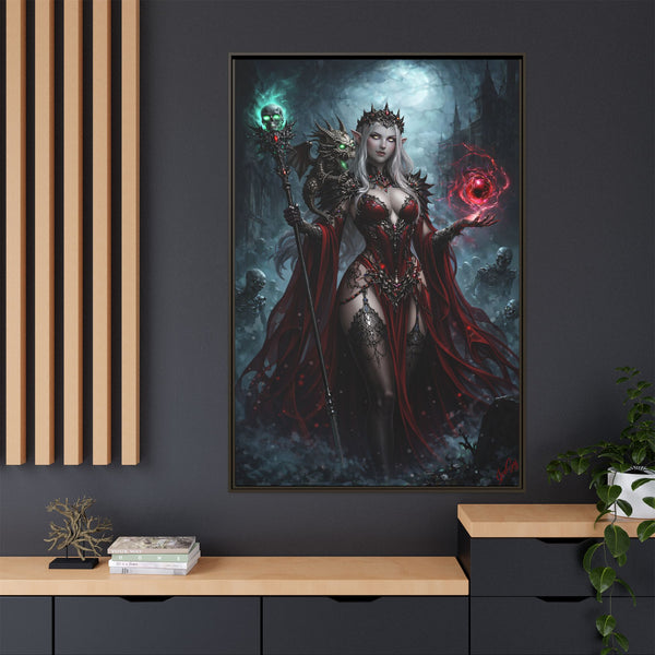 Necromancer in Red with Hatchling Undead Dragon - Framed Canvas  Fantasy Wall Art