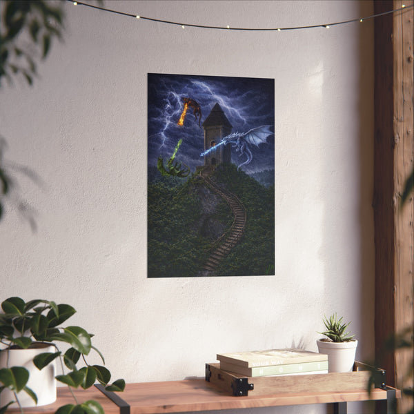 Dragon Tower Battle - 3D Rendered Fantasy Art Poster