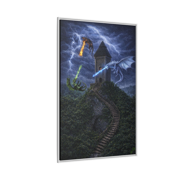 Dragon Tower Battle | Framed Fantasy Canvas Wall Art