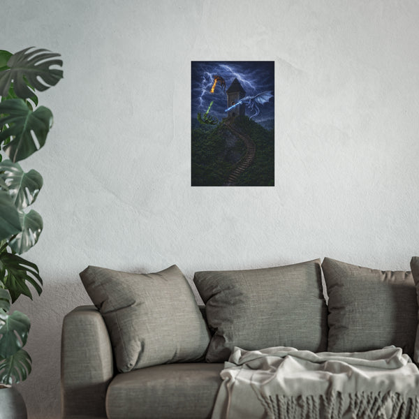 Dragon Tower Battle - 3D Rendered Fantasy Art Poster