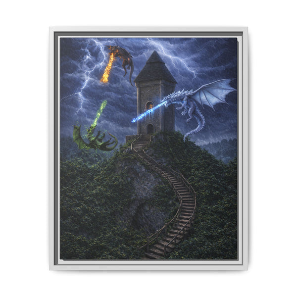 Dragon Tower Battle | Framed Fantasy Canvas Wall Art