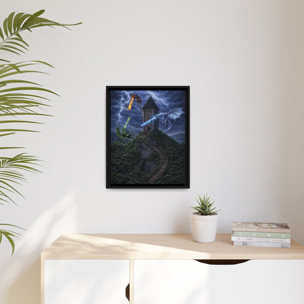 Dragon Tower Battle | Framed Fantasy Canvas Wall Art