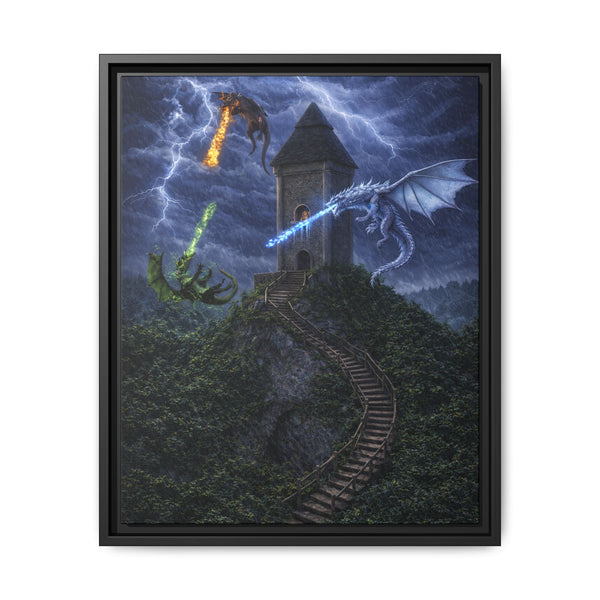 Dragon Tower Battle | Framed Fantasy Canvas Wall Art
