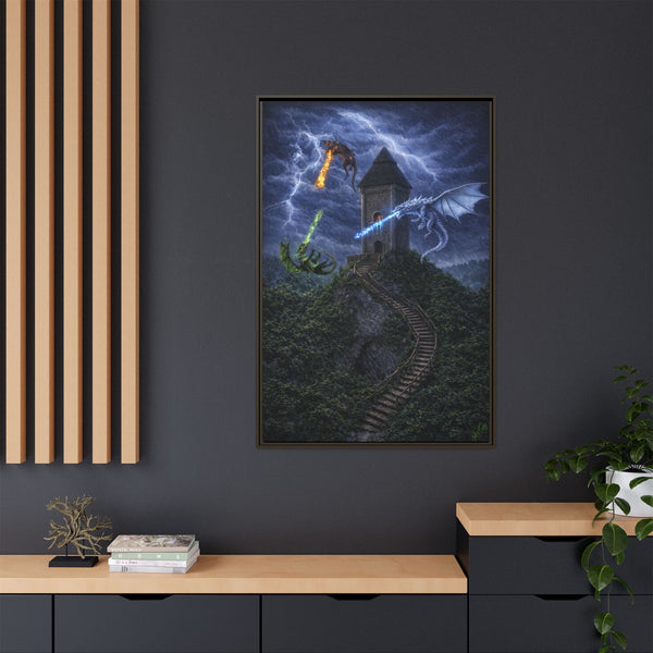 Dragon Tower Battle | Framed Fantasy Canvas Wall Art