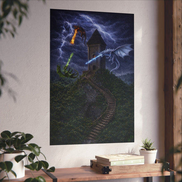 Dragon Tower Battle - 3D Rendered Fantasy Art Poster