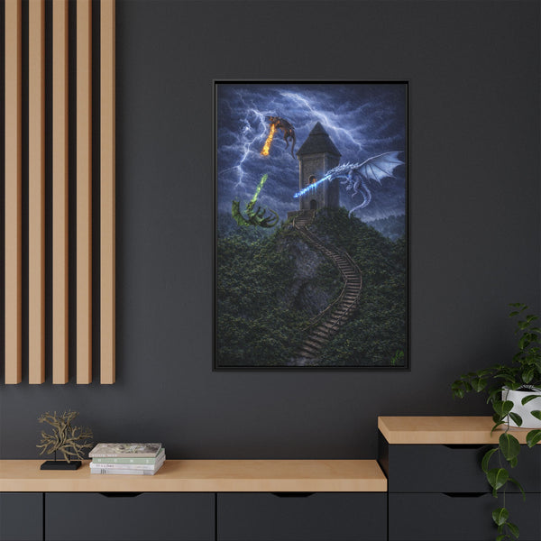 Dragon Tower Battle | Framed Fantasy Canvas Wall Art