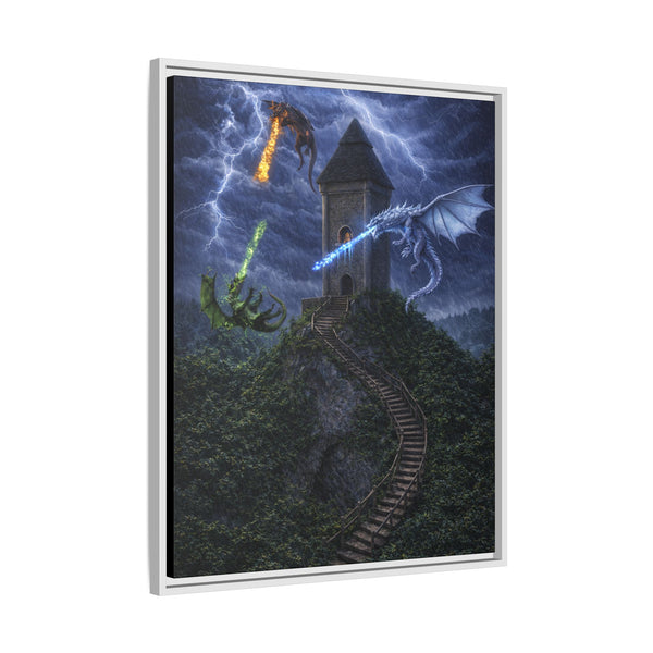 Dragon Tower Battle | Framed Fantasy Canvas Wall Art