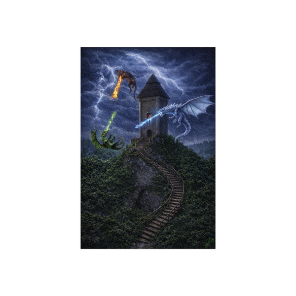 Dragon Tower Battle - 3D Rendered Fantasy Art Poster