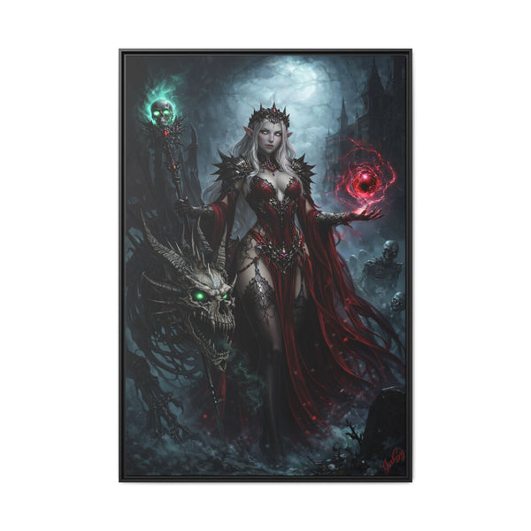 Necromancer in Red with Young Undead Dragon - Framed Canvas  Fantasy Wall Art