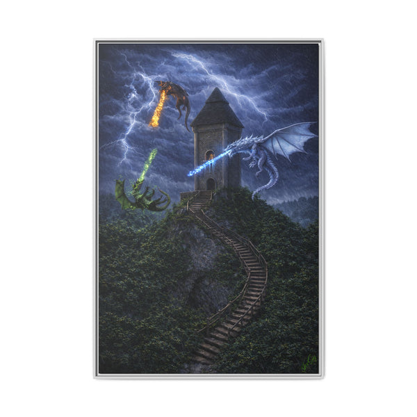 Dragon Tower Battle | Framed Fantasy Canvas Wall Art