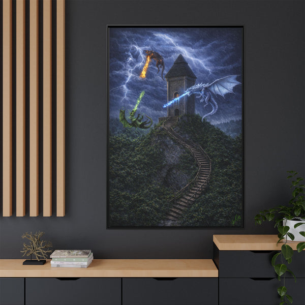 Dragon Tower Battle | Framed Fantasy Canvas Wall Art