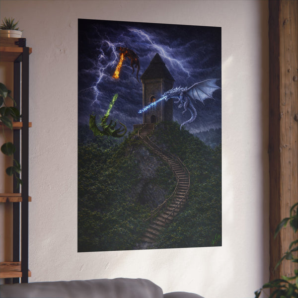 Dragon Tower Battle - 3D Rendered Fantasy Art Poster