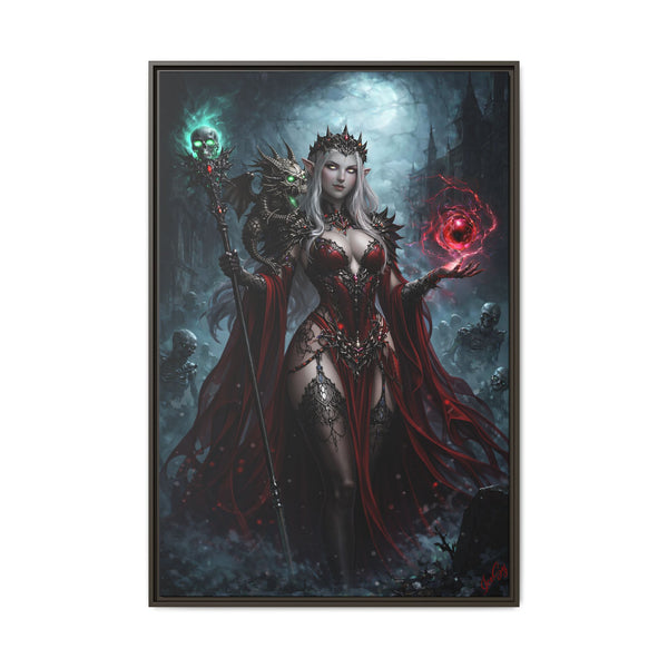 Necromancer in Red with Hatchling Undead Dragon - Framed Canvas  Fantasy Wall Art