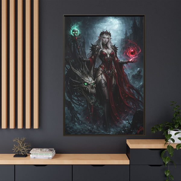 Necromancer in Red with Young Undead Dragon - Framed Canvas  Fantasy Wall Art