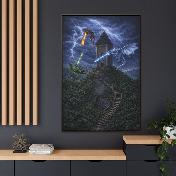 Dragon Tower Battle | Framed Fantasy Canvas Wall Art