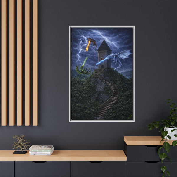 Dragon Tower Battle | Framed Fantasy Canvas Wall Art