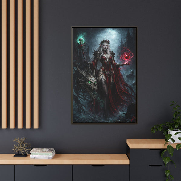 Necromancer in Red with Young Undead Dragon - Framed Canvas  Fantasy Wall Art