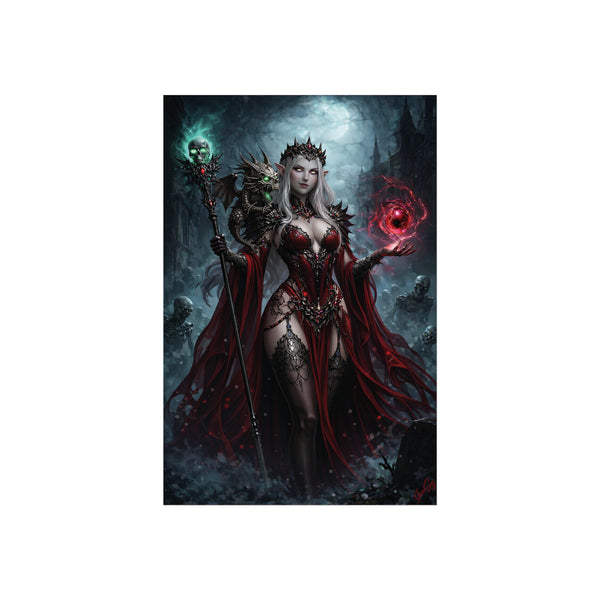 Necromancer in Red with Hatchling Undead Dragon - Fantasy Art Poster