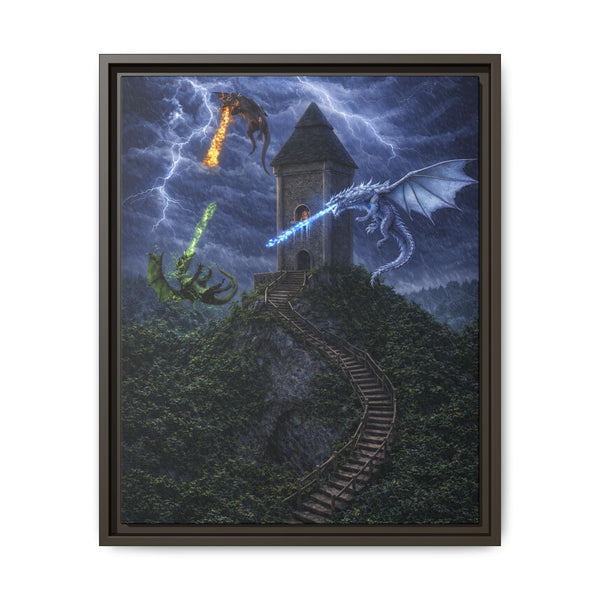 Dragon Tower Battle | Framed Fantasy Canvas Wall Art