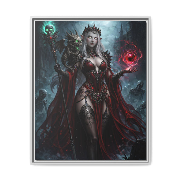 Necromancer in Red with Hatchling Undead Dragon - Framed Canvas  Fantasy Wall Art