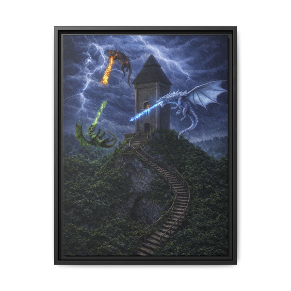 Dragon Tower Battle | Framed Fantasy Canvas Wall Art