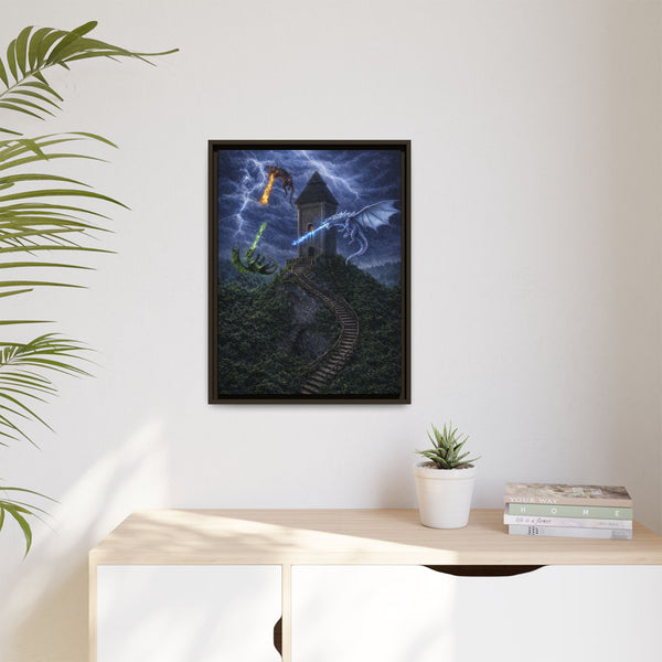 Dragon Tower Battle | Framed Fantasy Canvas Wall Art