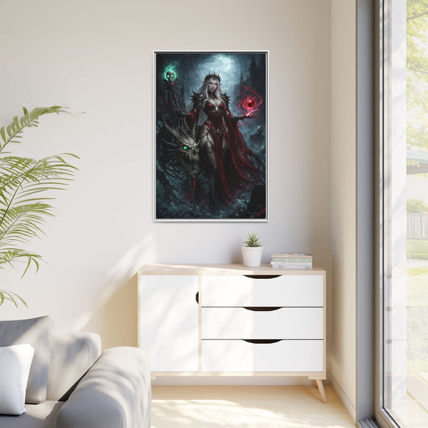 Necromancer in Red with Young Undead Dragon - Framed Canvas  Fantasy Wall Art