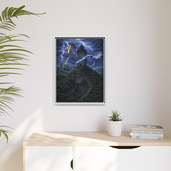 Dragon Tower Battle | Framed Fantasy Canvas Wall Art