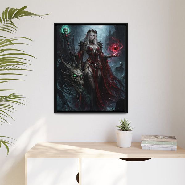 Necromancer in Red with Young Undead Dragon - Framed Canvas  Fantasy Wall Art